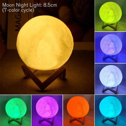 LED Night Light 8Cm Moon Lamp Battery Powered with Stand Starry Lamp Bedroom Decor Night Lights Kids Gift Button Cell