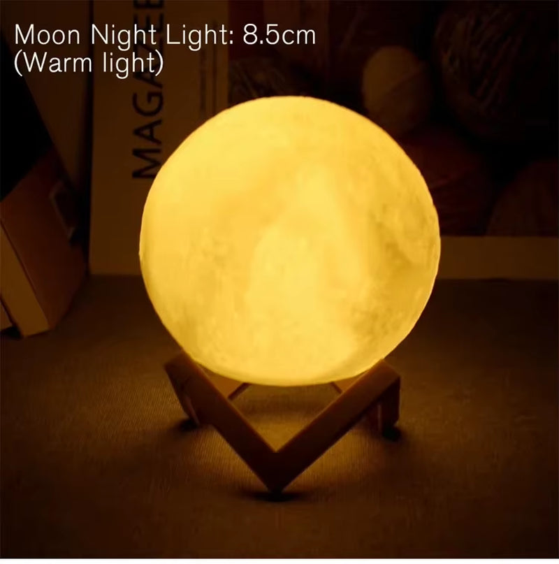 LED Night Light 8Cm Moon Lamp Battery Powered with Stand Starry Lamp Bedroom Decor Night Lights Kids Gift Button Cell