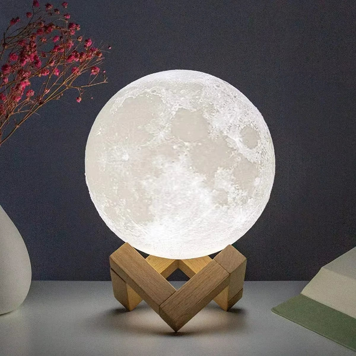 LED Night Light 8Cm Moon Lamp Battery Powered with Stand Starry Lamp Bedroom Decor Night Lights Kids Gift Button Cell