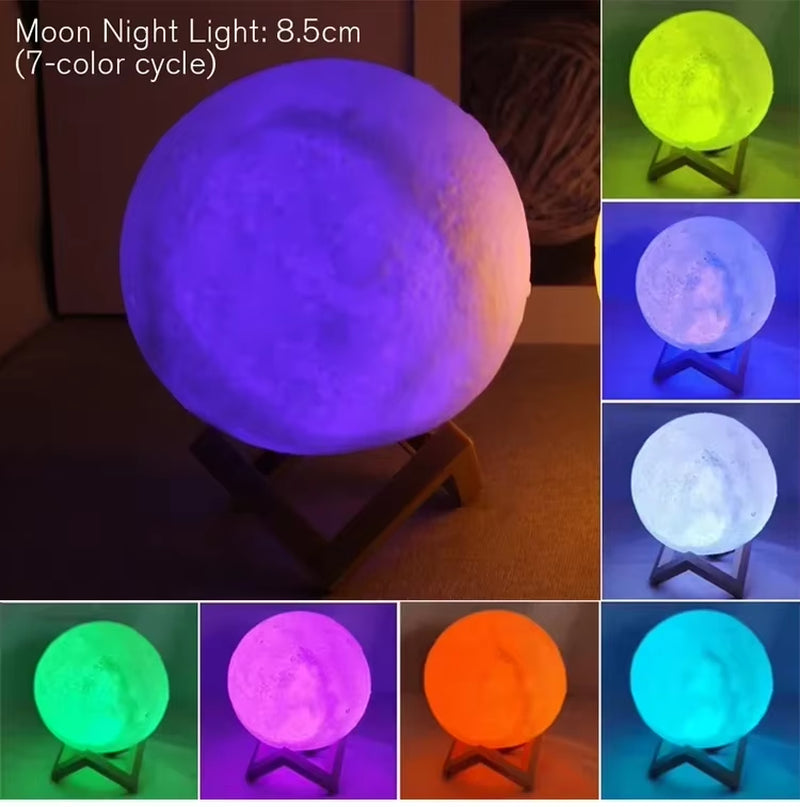 LED Night Light 8Cm Moon Lamp Battery Powered with Stand Starry Lamp Bedroom Decor Night Lights Kids Gift Button Cell