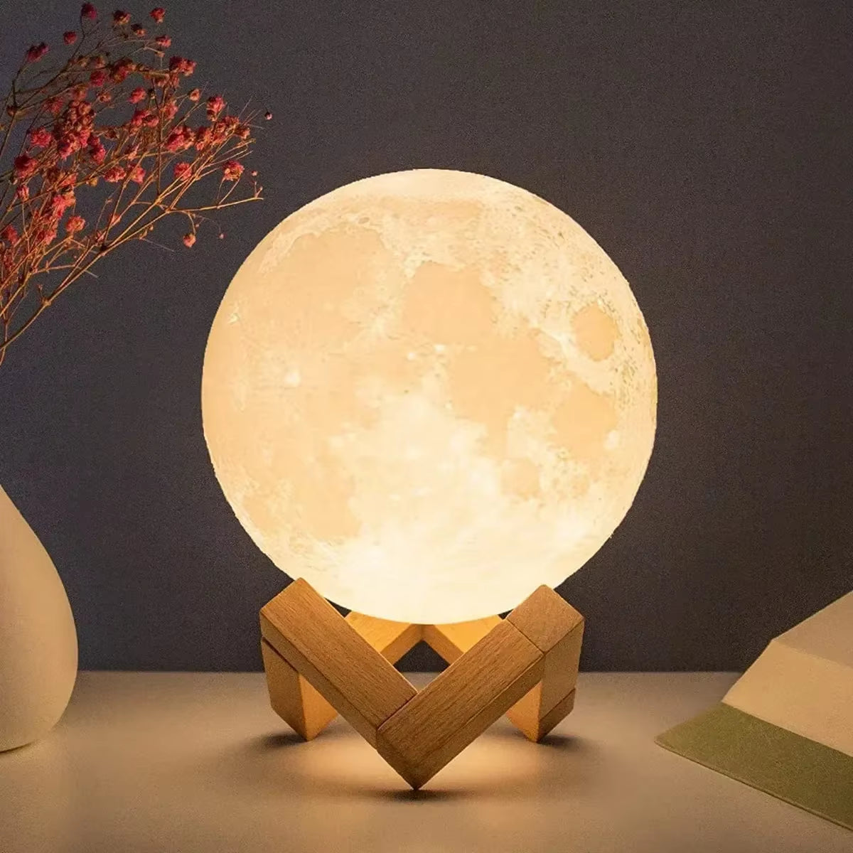 LED Night Light 8Cm Moon Lamp Battery Powered with Stand Starry Lamp Bedroom Decor Night Lights Kids Gift Button Cell