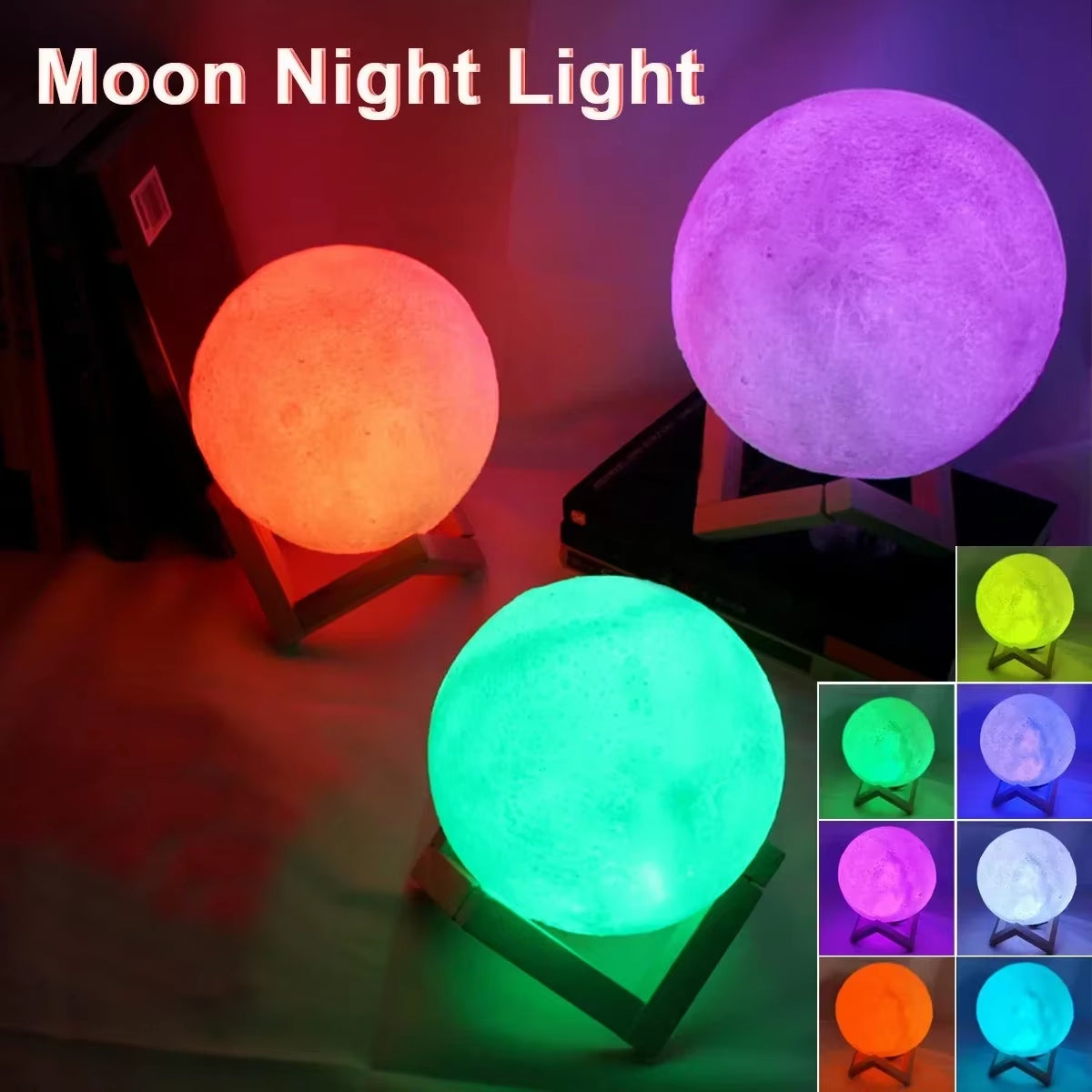 LED Night Light 8Cm Moon Lamp Battery Powered with Stand Starry Lamp Bedroom Decor Night Lights Kids Gift Button Cell